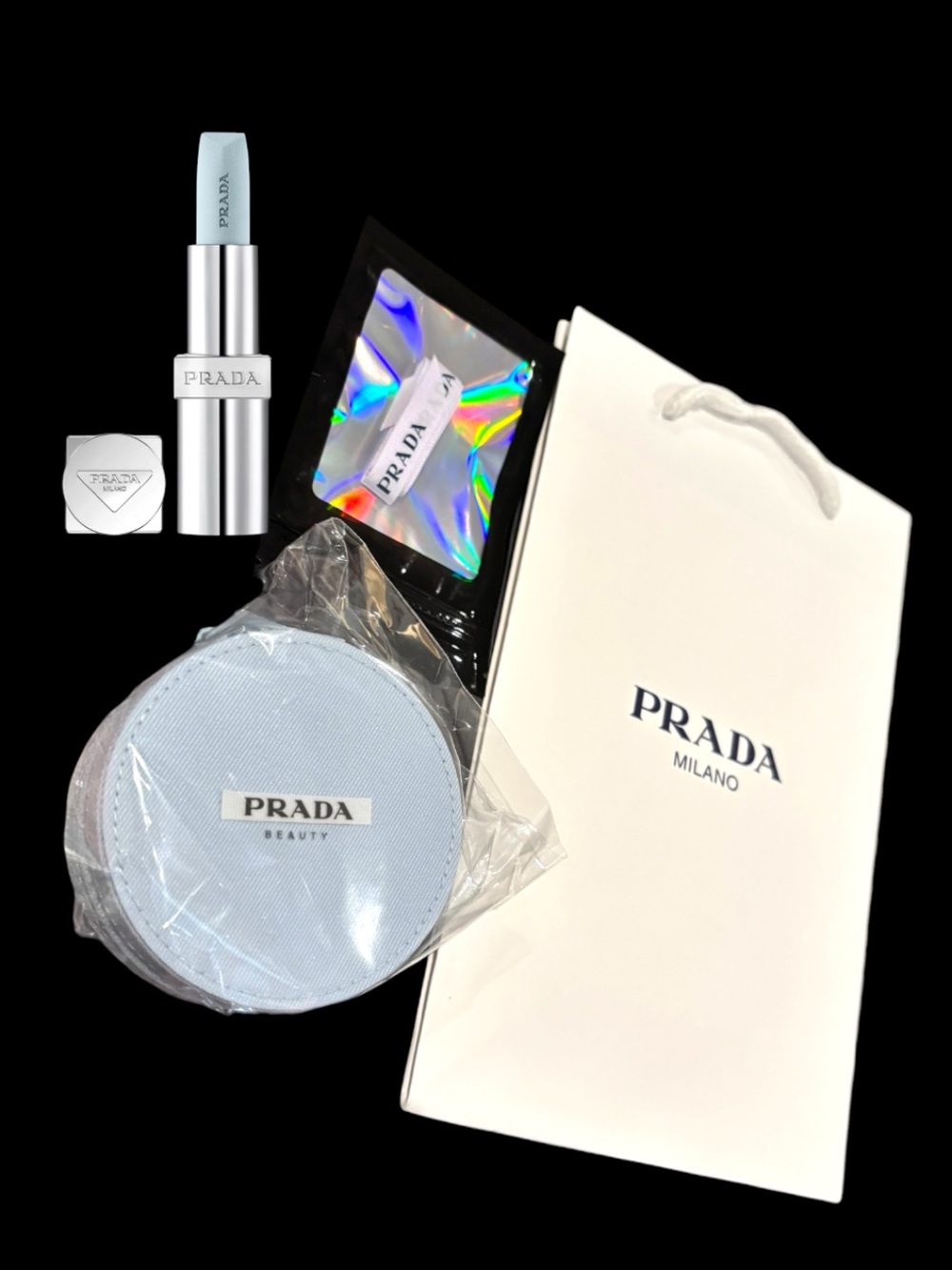 Prada Gift Set - Full Size Astral Lip Balm - blue case beauty, ribbon & bag